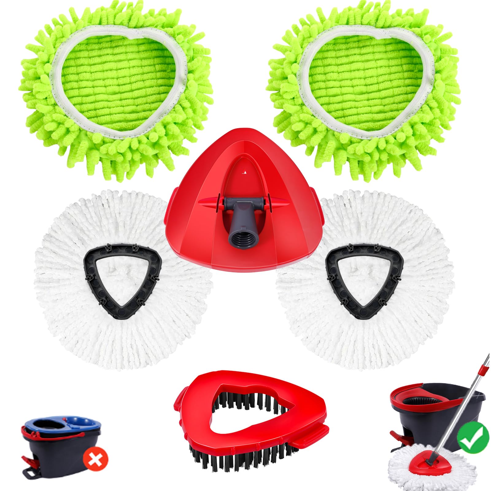 Wa.IE JiemiMicrofiber Spin Mop Refills Head Compatible for EasyWring 1-Tank System (6-Pack Set: Includes 1 Mop Scrub Brush + 1 Mop Base + 4 Pack Cleaning Floor Mop Head)