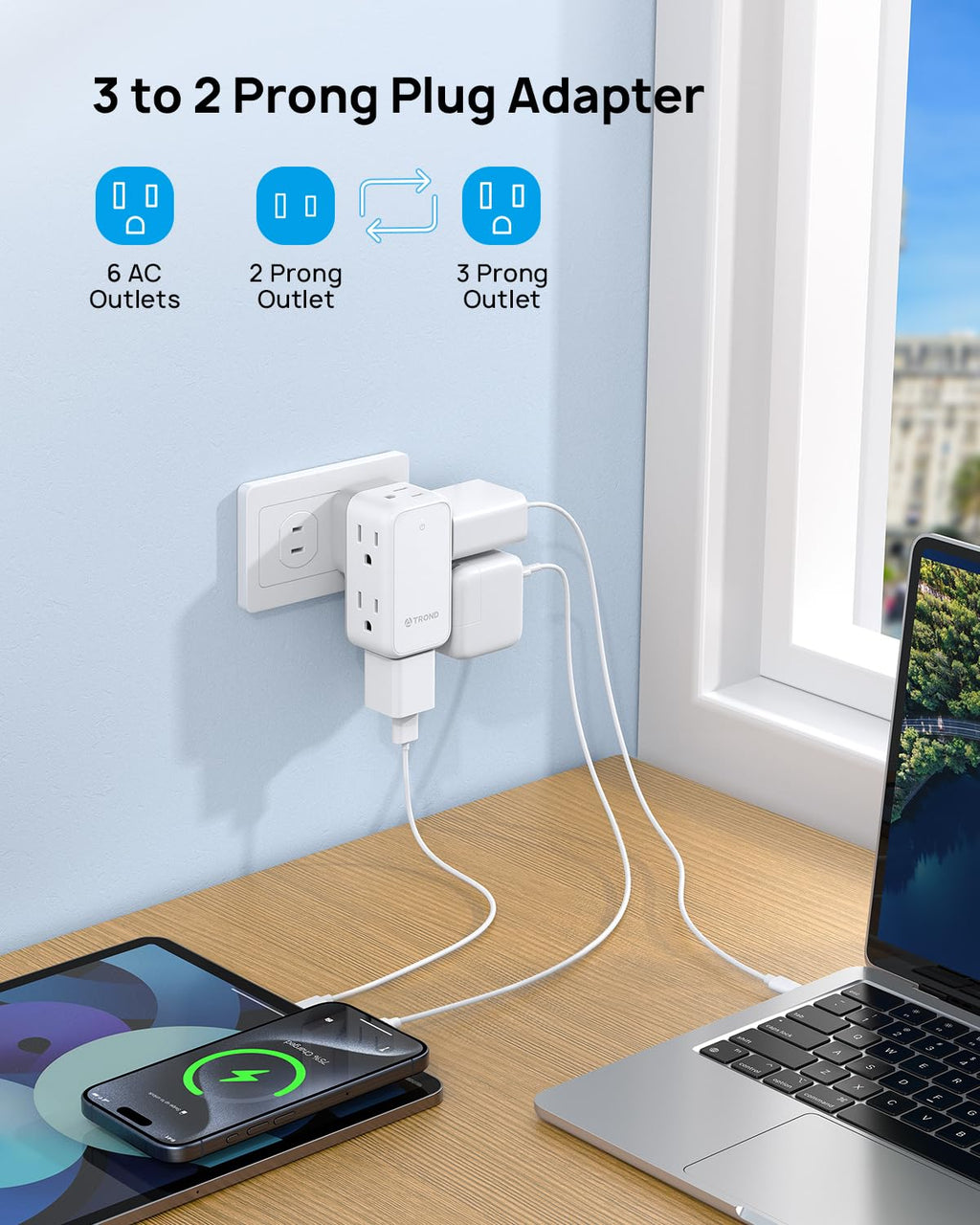 TROND 3 to 2 Prong Adapter, 2 Prong Outlet Adapter with 360° Rotating Plug, 6 AC Outlet Extender, Travel Power Splitter for US to Japan, Plug Extender for Old House Travel Essentials