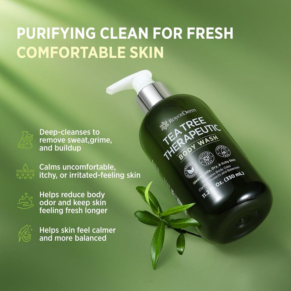 Roycederm Tea Tree Therapeutic Body Wash & Soap – Antibacterial Body Wash Odor Control Cleanser for Oily, Dry & Itchy Skin – Made in USA, 11.8 fl oz