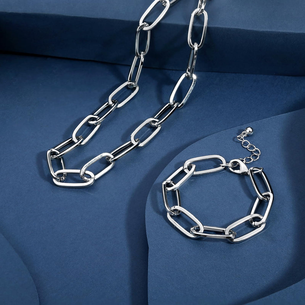 LANE WOODS Chunky Gold Necklace and Bracelet Set for Women, Paperclip Chain