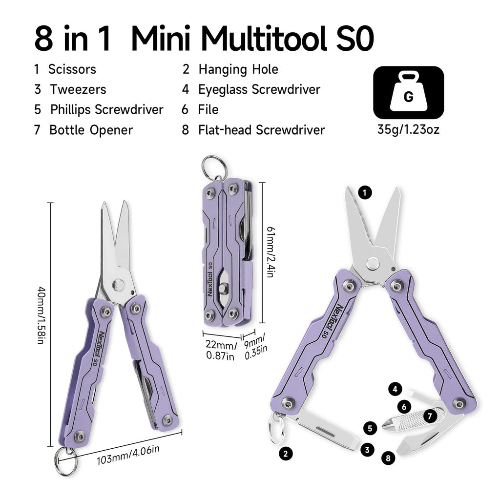 NexTool Micro Sailor Scissors S0, Mini Keychain Multitool with Serrated Scissors, 8-in-1 Lightweight EDC Tool for Travel, Outdoor, Everyday Carry, Cool Gadget for Men(Purple)