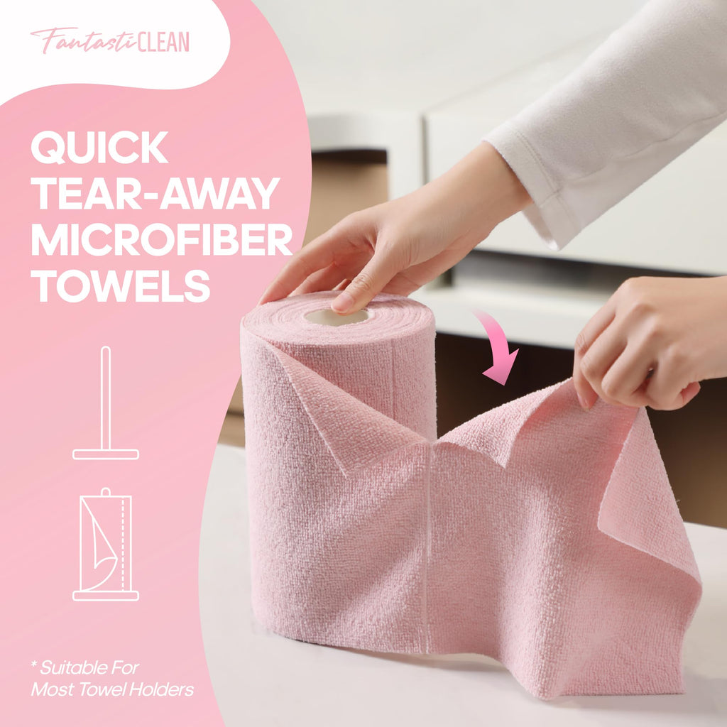 Fantasticlean Microfiber Cleaning Cloth Roll 2 Rolls 120 Pack, Tear Away Paperless Towels, 8" x 8", Reusable Washable Rags, House Kitchen, Pet, Office, Indoor Outdoor, Portable (Pink and Off-White)