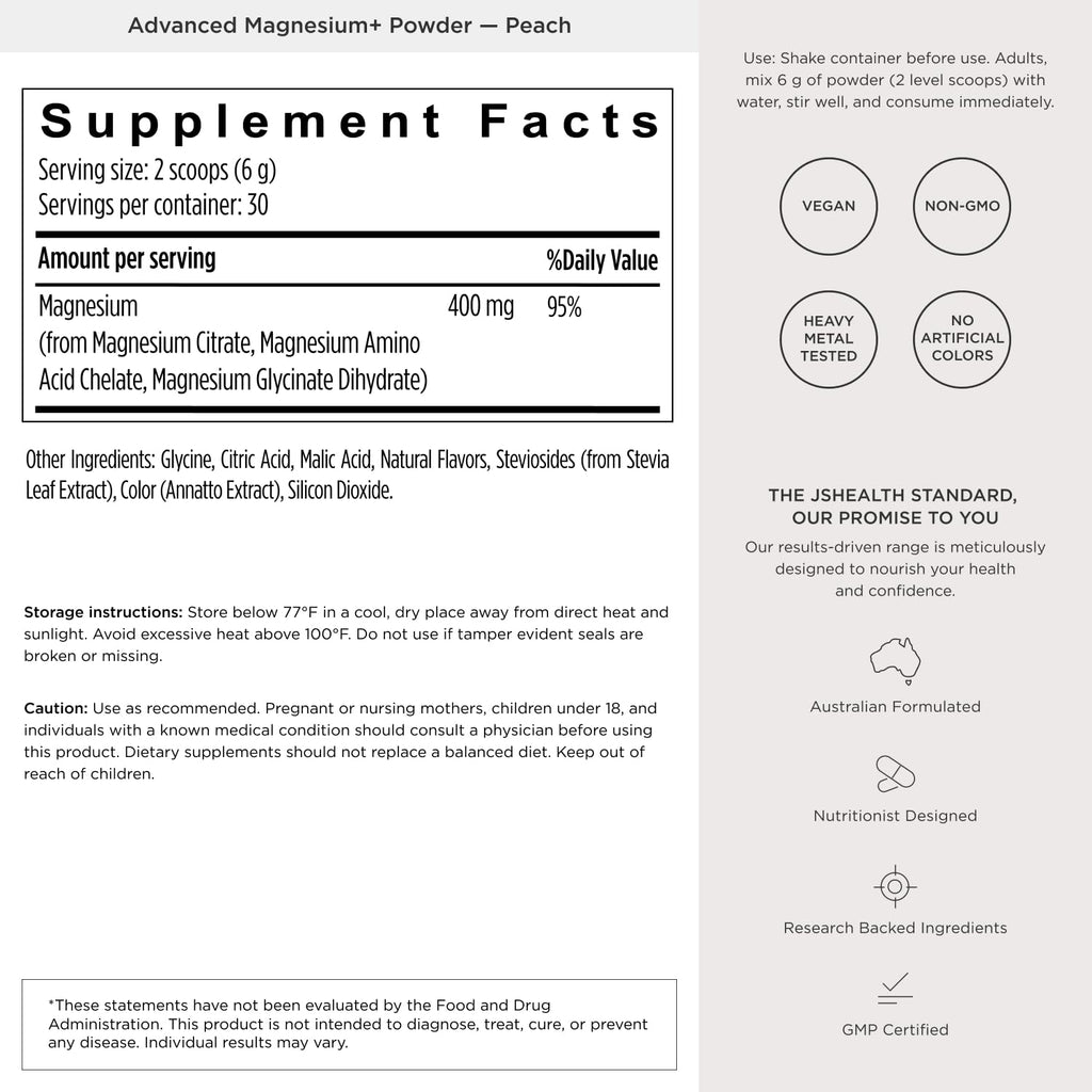JSHealth Magnesium Powder for Sleep. 400mg Triple-Form Glycinate, Citrate, Amino Acid Chelate. Raspberry Lemonade. By Nutritionist Jessica Sepel (30 Servings) - Peach