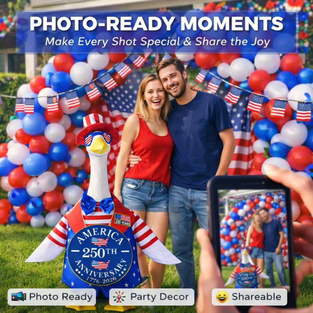 Porch Goose Outfit for 4th of July, America 250 Patriotic Goose Clothes for 23 Inch Lawn, Independence Day Porch Decor with Hat & Glasses, America 250th Anniversary Goose Outfit, 1776–2026 Sign & Pin