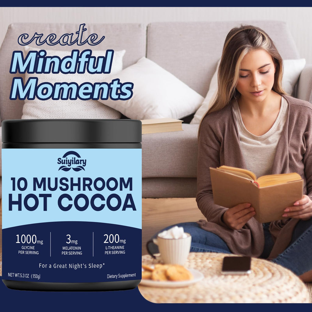 Suiyilary 10 Mushroom Hot Cocoa, 3mg Melatonin Sleep Supplement, Sugar Free Keto Cocoa Powder, Nighttime Drink, 1000mg Glycine, 200mg L-Theanine, Help Fall Asleep and Stay Asleep, 15 Servings