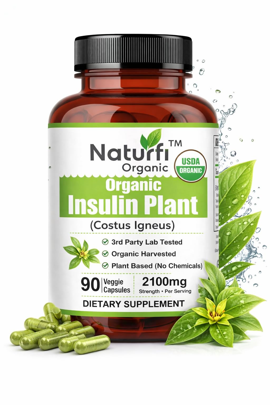 Naturfi Organic- Insulin Plant Capsules (Costus Igneus), USDA Organic | 100% Natural Supplement, 90 Veggie Caps (1 Month Supply) - Insulin Plant
