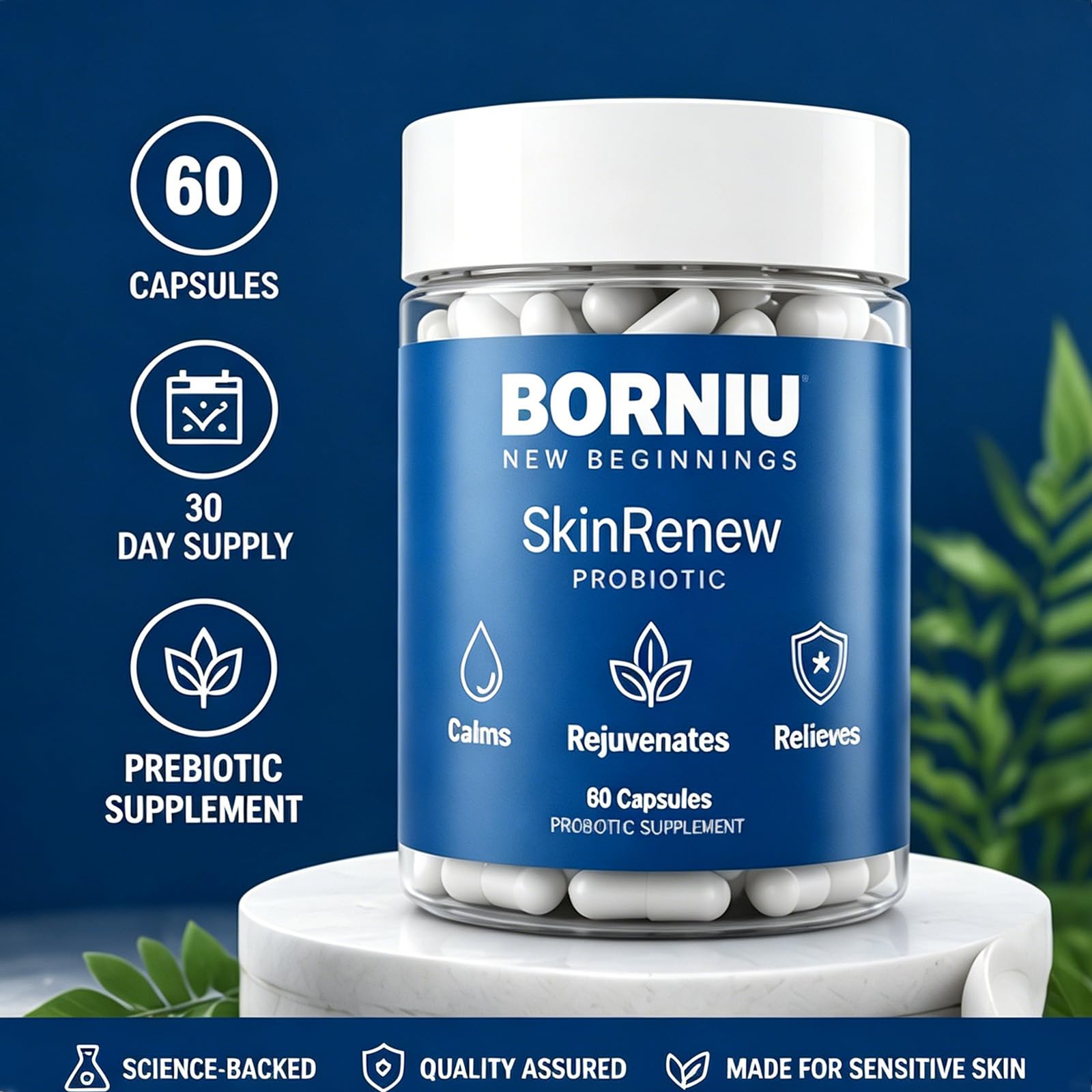 Borniu SkinRenew Probiotic Capsules, Daily Probiotic Supplement, Gut and Skin Wellness Support, Easy Daily Capsule Routine, 60 Capsules