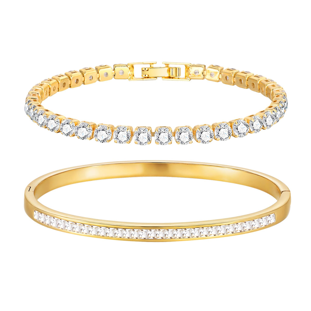 Stackable Gold Bracelets for Women - 2Pcs 18K Gold Plated Cubic Zirconia Bangle Bracelet Friendship Tennis Bracelet Stack Jewelry,Party Christmas Birthday Gift for Girlfriend Sister Wife Daughter