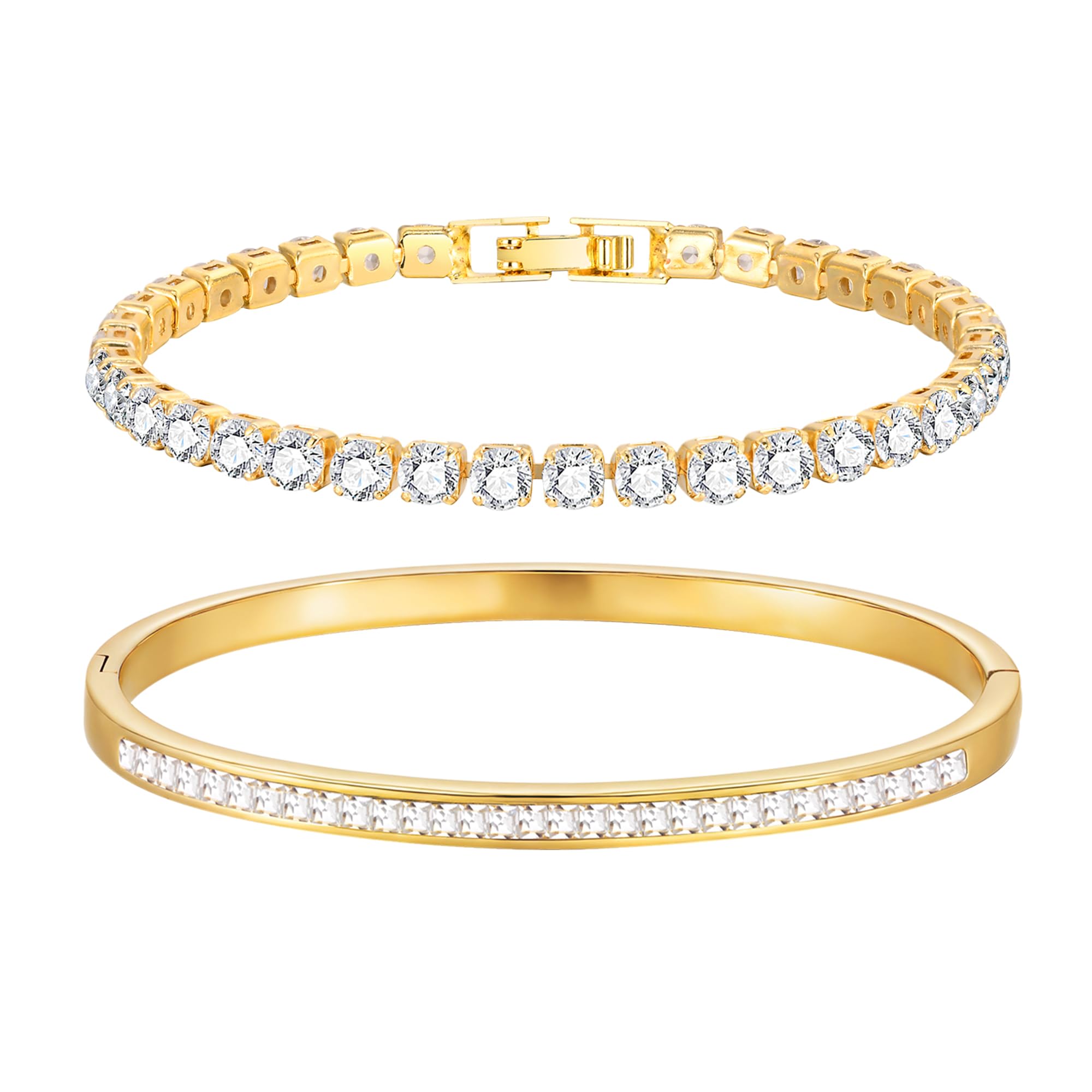 Stackable Gold Bracelets for Women - 2Pcs 18K Gold Plated Cubic Zirconia Bangle Bracelet Friendship Tennis Bracelet Stack Jewelry,Party Christmas Birthday Gift for Girlfriend Sister Wife Daughter