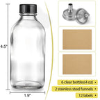 6 Pack, 4 oz Small Clear Glass Bottles with Lids & 2 Stainless Steel Funnels - 120ml Boston Sample Bottle for Potion, Juice, Wellness, Ginger Shots, Whiskey, Liquids - Mini Travel Essential Bottles