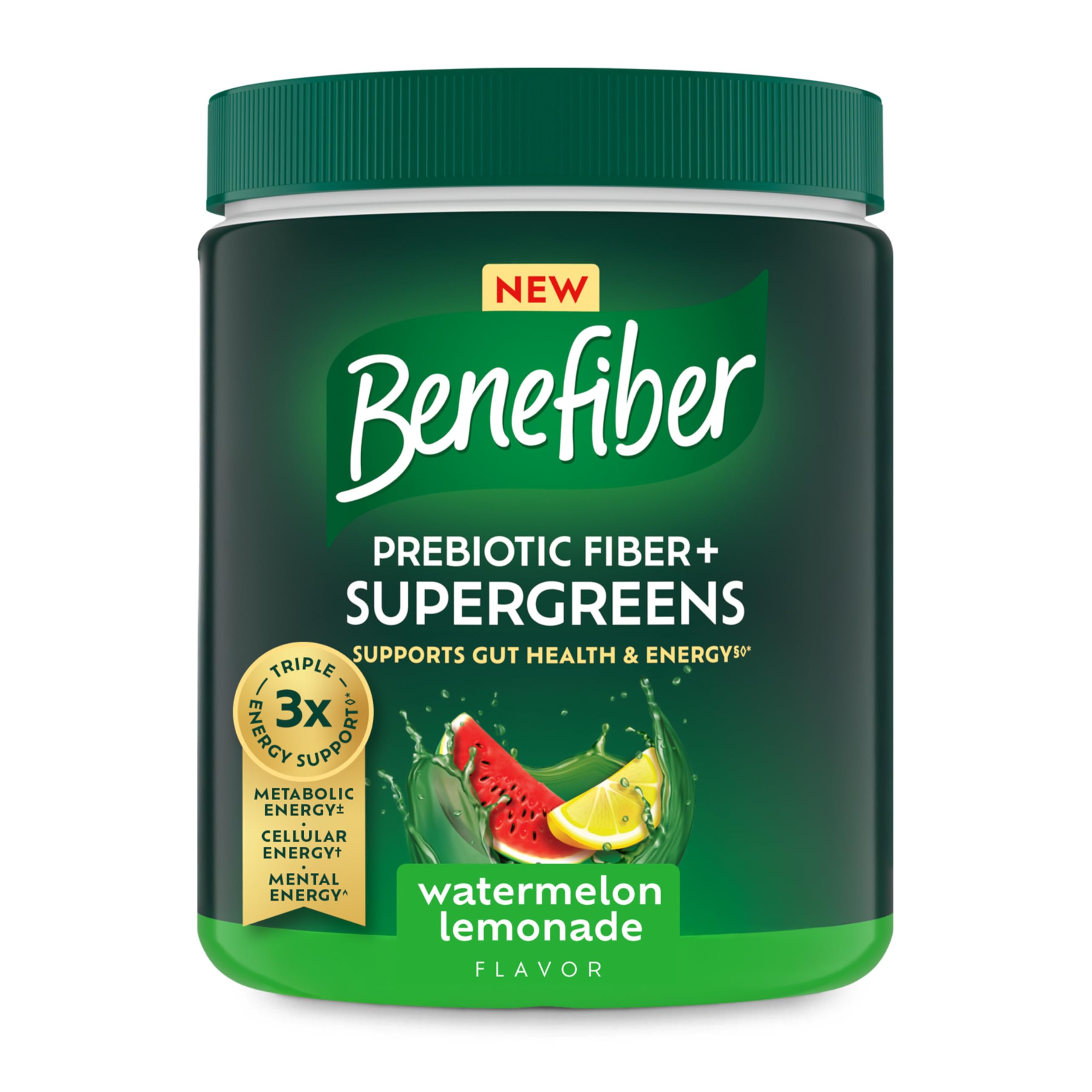 Benefiber Prebiotic Fiber + Supergreens Dietary Supplement Powder, Watermelon Lemonade Flavor, 8.8 oz (250g)
