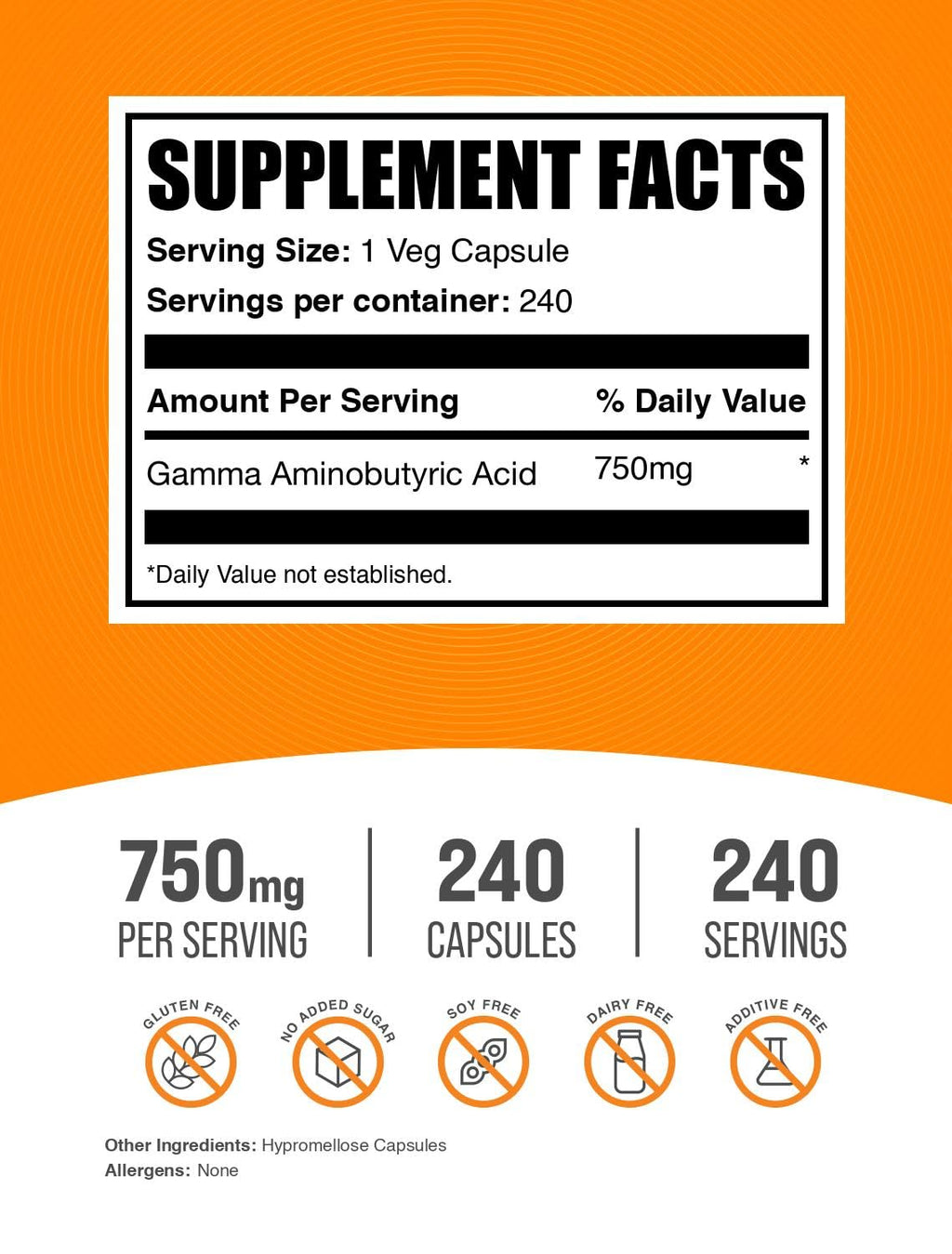 BulkSupplements.com Gamma Aminobutyric Acid Capsules - GABA Supplement, GABA 750mg - Vegan & Gluten Free, 1 Capsule per Serving, 240 Count (Pack of 1)