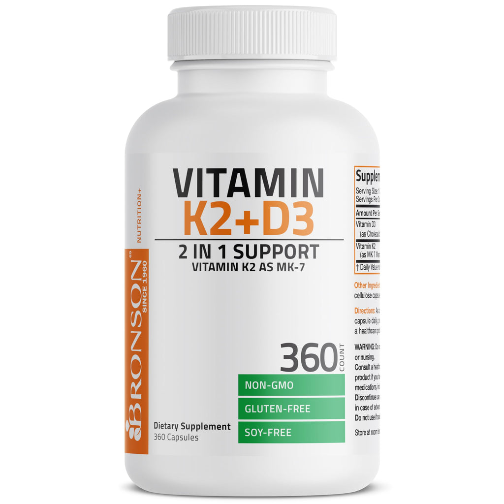 Bronson Vitamin K2 D3 (MK7) Supplement 2-in1 D3 & K2 Complex, 360 Capsules