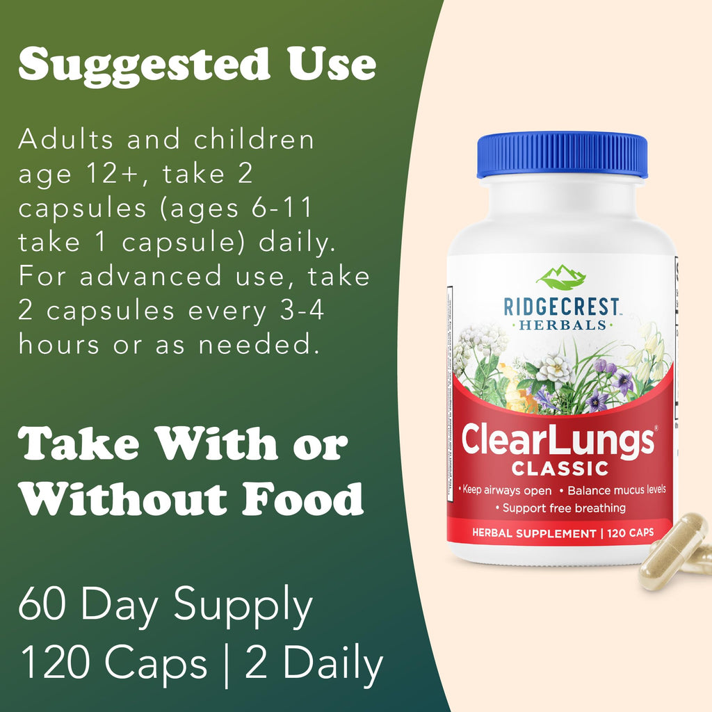 RidgeCrest Herbals ClearLungs Classic, Daily Health Supplement, Natural Lung and Nasal Wellness Formula for Bronchial, Respiratory, Immune, Sinus, and Mucus Support (120 Vegan Caps, 60 Serv)