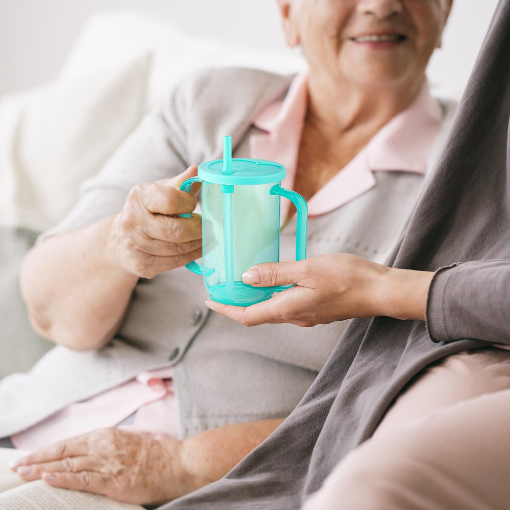 Sliner Adult Sippy Cups for Elderly 12 oz Straw Sippy Cups with 2 Handles No Spill for Adults Spill Proof Dysphagia Cup for Disabled Patients (Blue)