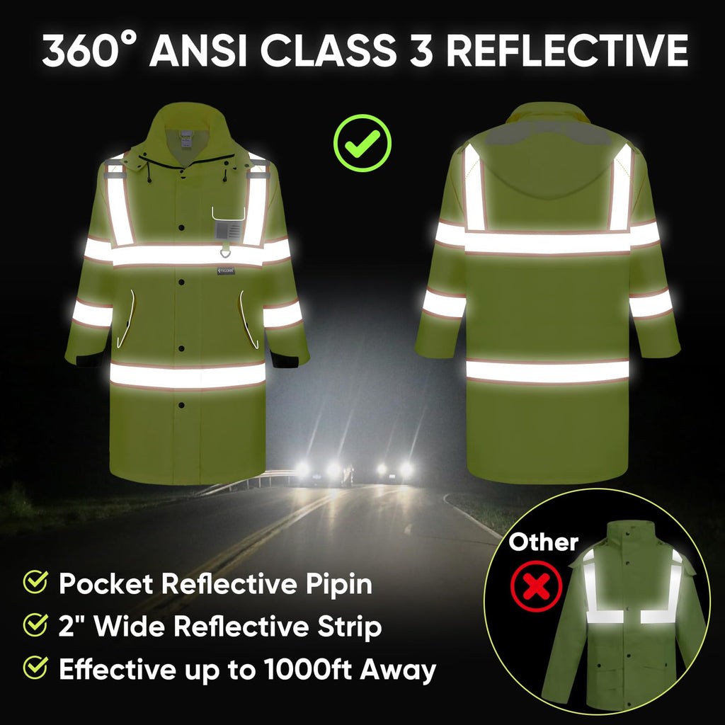 TICONN Reflective Rain Coat, Waterproof Hi Vis Safety Rain Jacket, Heavy Duty ANSI Class 3 High Visibility Trench Coat (XL)