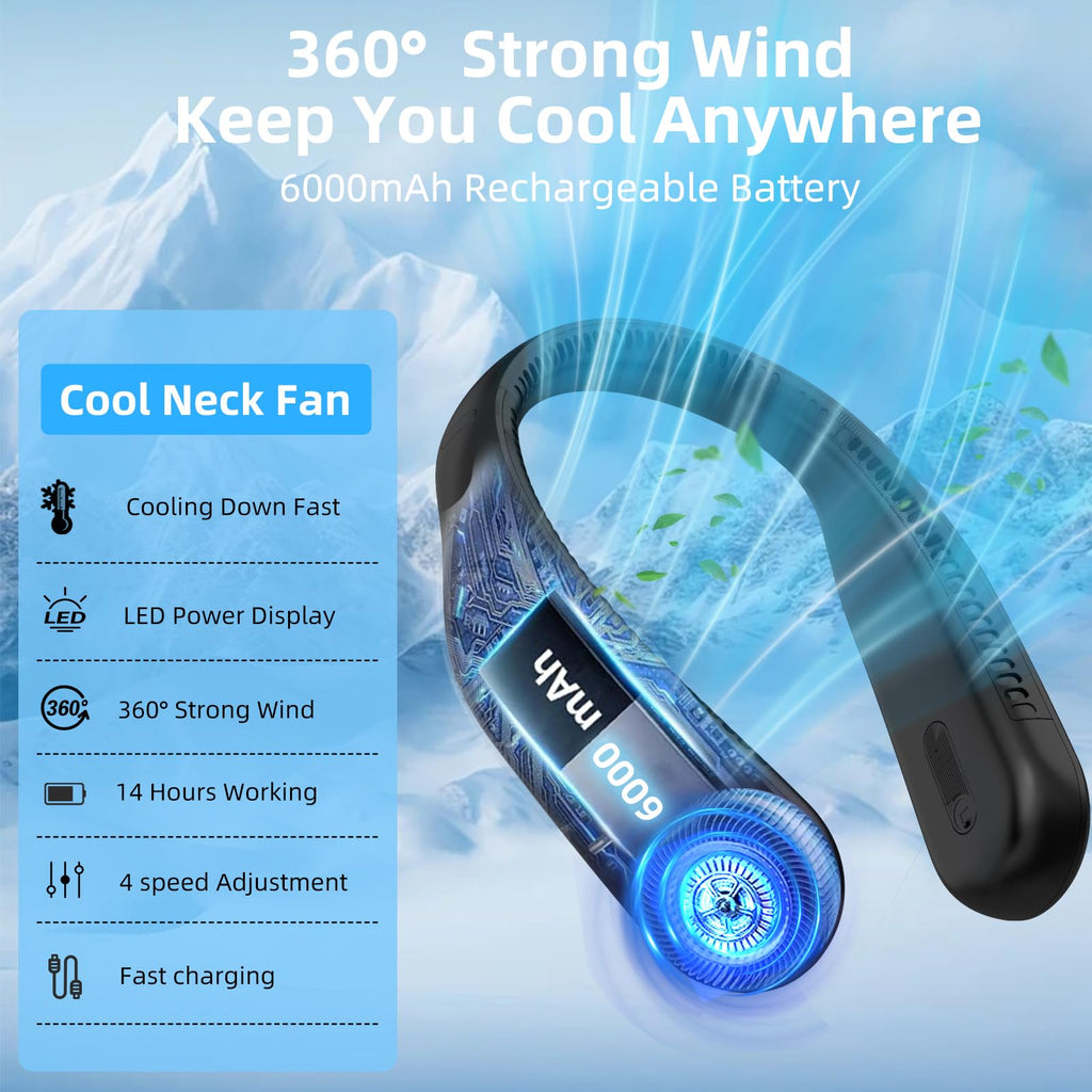 Portable Neck Fan, Personal Wearable Bladeless Fan, 6000mAh USB Rechargeable, 360° Airflow, LED Display, 4-Speeds, Hands Free Fan for Outdoor Indoor, Birthday Gifts for Men Women Dad Mom (Black)