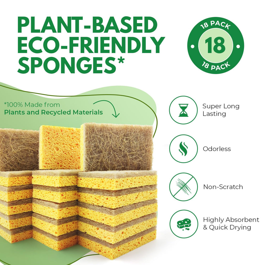 AIRNEX Natural Kitchen Sponges Pack of 18 - Biodegradable Cellulose and Coconut Husk Walnut Scrubbers - Odor Free Non Scratch - Eco Friendly Quick Drying Dishwashing Sponges