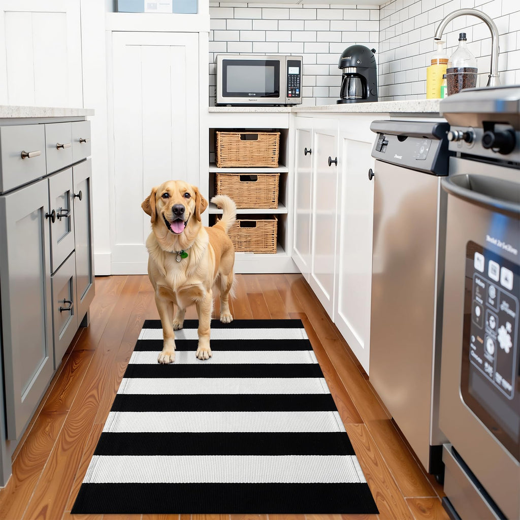 OLANLY Fall Door Mat, Black and White Striped Halloween Rug, 2'4" x 3'7"