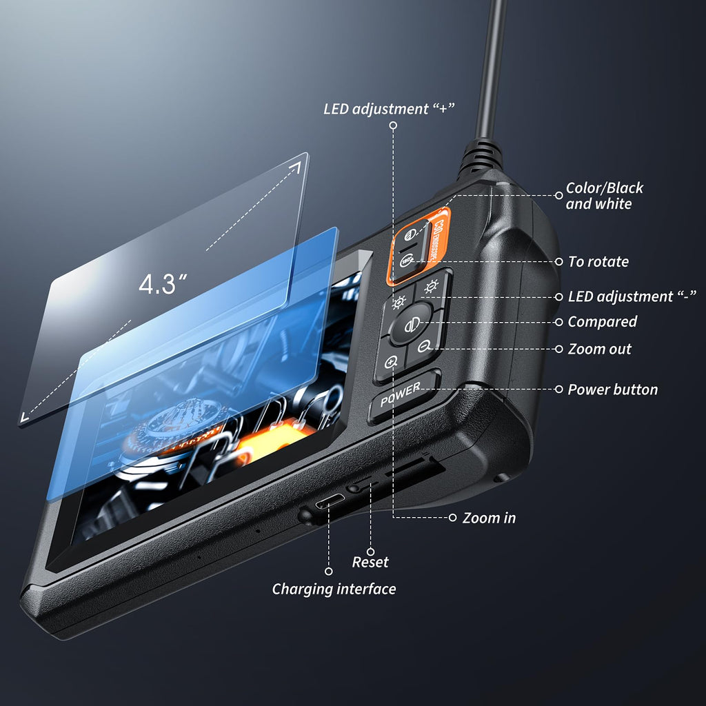 Endoscope Camera with Light, Inspection Borescope Camera with 4.3" IPS Screen, 1920P HD with 8 LED Lights, 20FT Semi-Rigid Cord Bore Scope, IP67 Waterproof Endoscope for Sewer, Tools(Orange)