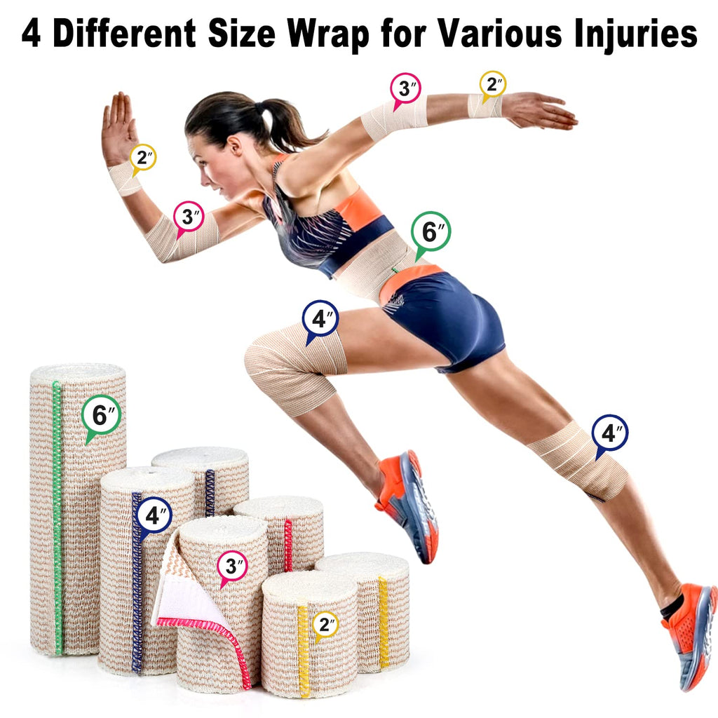 FRESINIDER Premium Elastic Bandage Wrap, 6 Pack (2x2, 2x4, 2x6) Cotton Compression Bandage with Touch Closure at Both Ends, Support & First Aid, Medical, and Injury Recovery