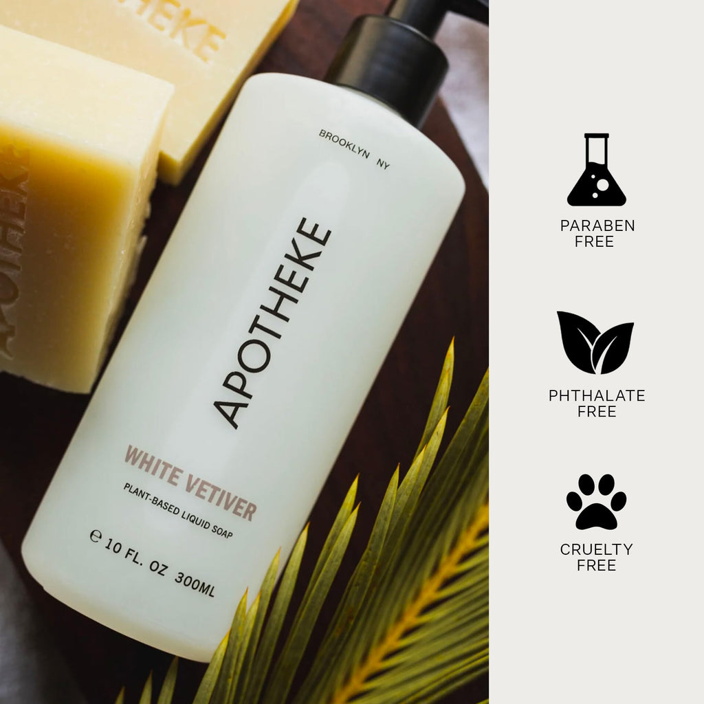 APOTHEKE Liquid Hand Soap, White Vetiver - 10 Fl Oz Hydrating Handsoap with Premium Fragrance Oils Gently Cleanses, Moisturizes & Rejuvenates Skin - Scented Hand Wash for Kitchen & Bathroom