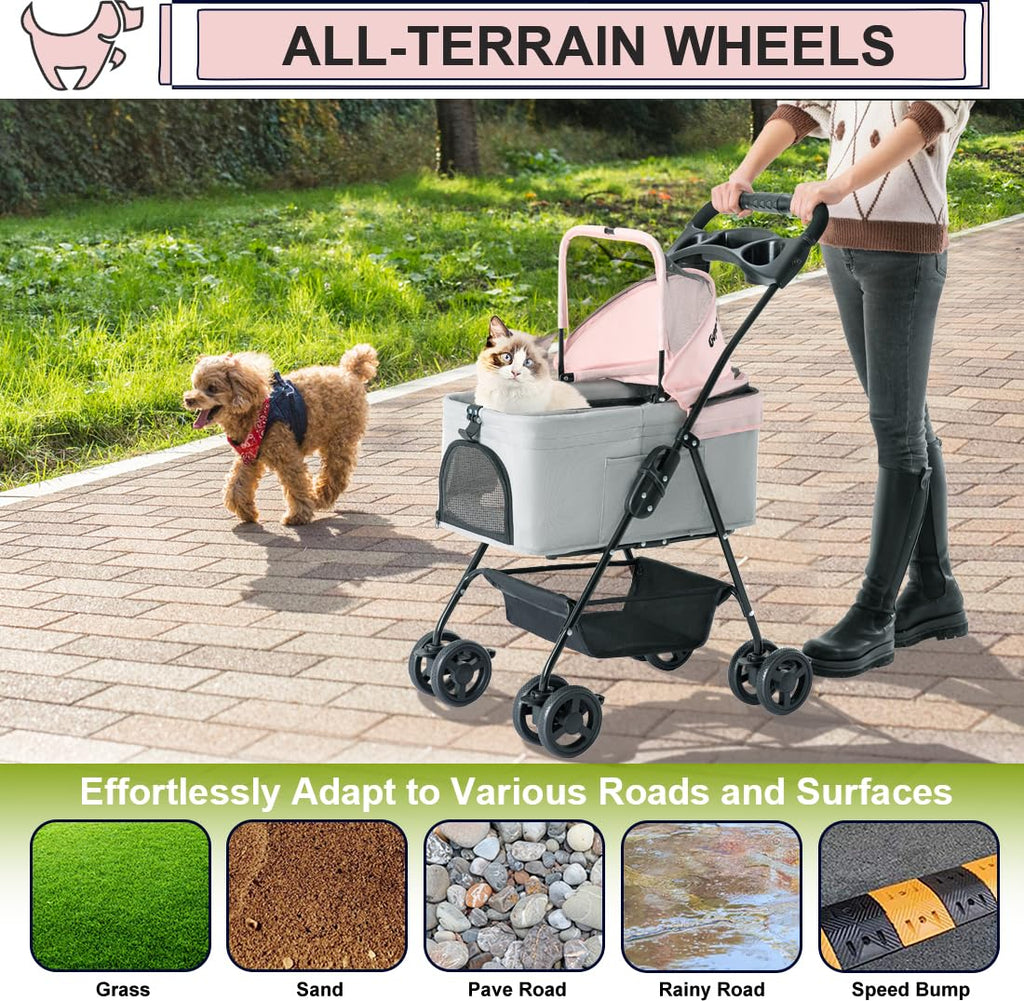 LPOTIUS 3-in-1 Pet Stroller for Small Dogs and Cats, Folding Lightweight Dog Stroller with Detachable Carrier Portable Cat Puppy Jogging Stroller with Cup Holder and Storage Basket, 4 Wheels