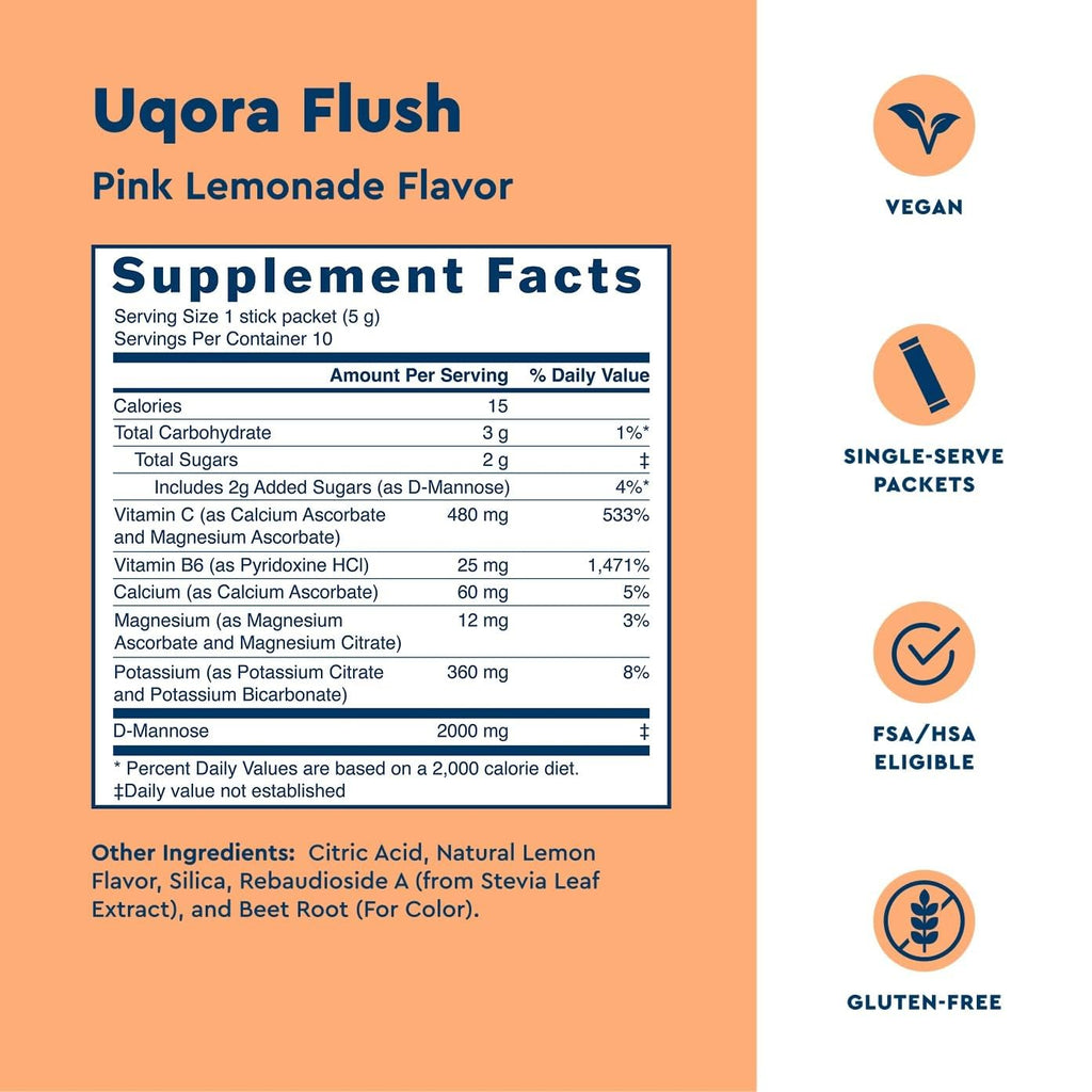 Uqora Flush - Urinary Tract* with D-Mannose, Vitamin C, Vitamin B6, Potassium, Magnesium & Calcium - Gluten-Free & Vegan - Pink Lemonade Flavor - 20 Packets (2 Pack)