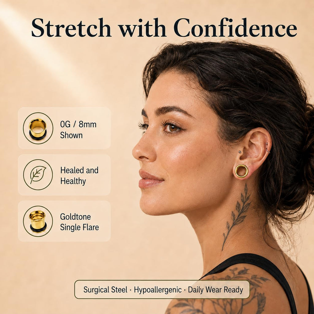 BodyJ4You 36PC Ear Stretching Kit - Complete Beginner Set Gauges for Ears 14G-00G - Goldtone Stainless Steel Tapers Single Flare Plugs Tunnels - Dead Stretching Lobe Men Women Expander Piercing