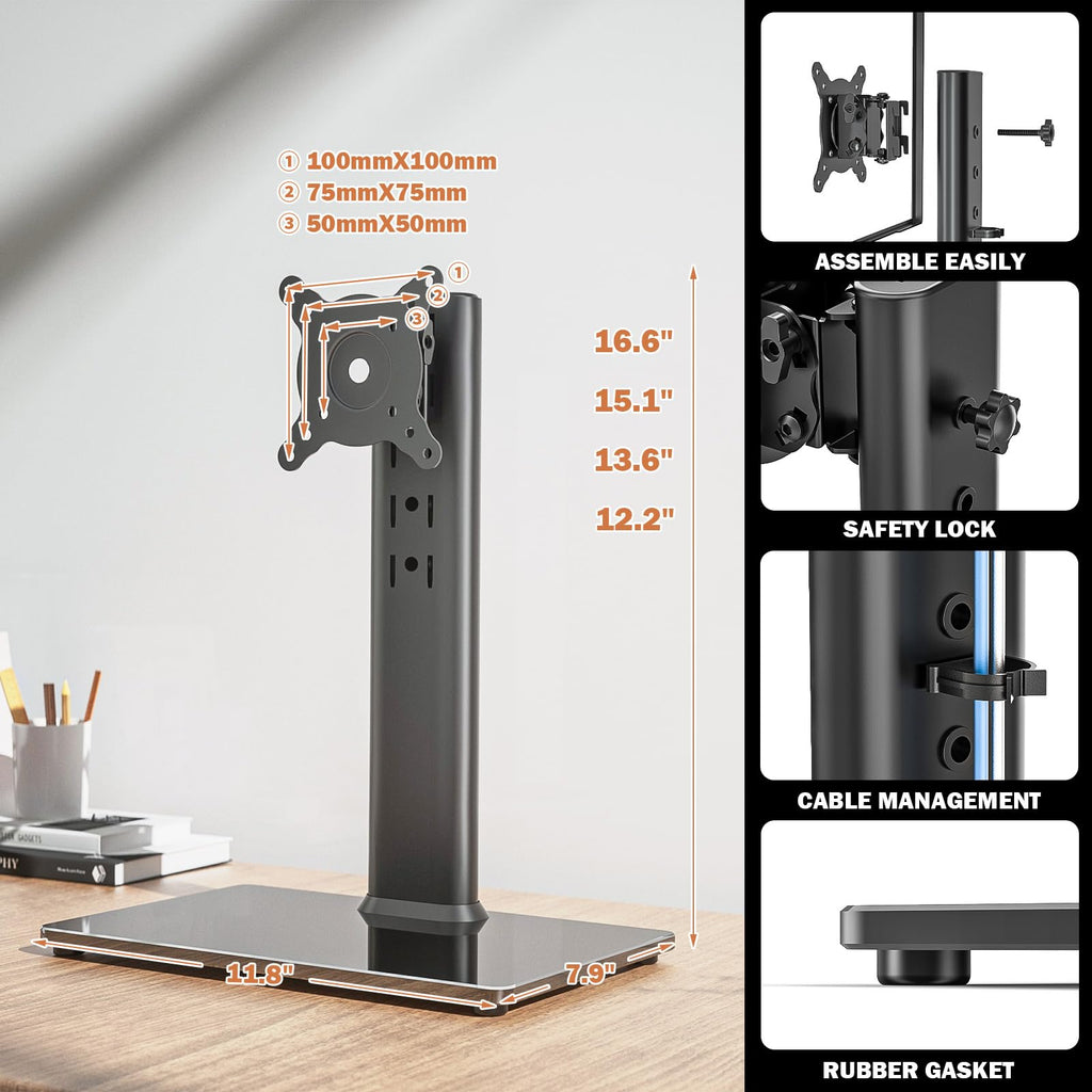 Single LCD Computer Monitor Free-Standing Desk Stand Mount Riser for 13 inch to 32 inch screen with Swivel, Height Adjustable, Rotation, Vesa Base Stand Holds One (1) Screen up to 77Lbs(HT05B-001))