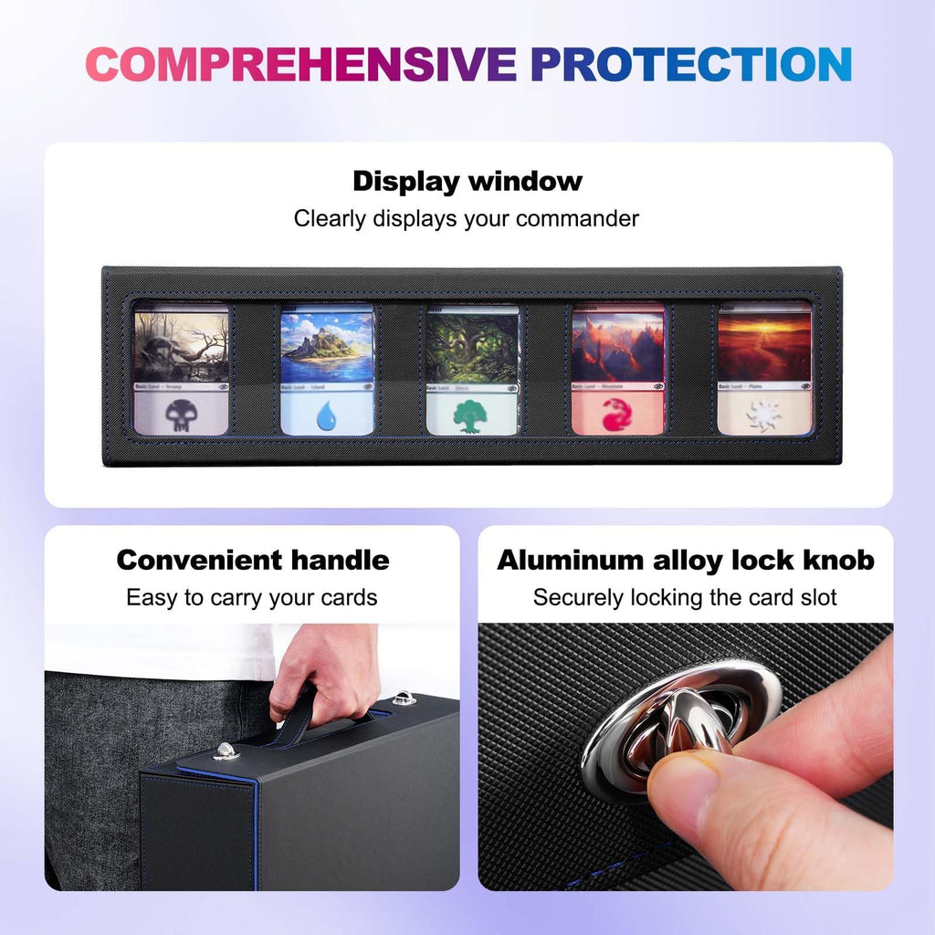 UAONO Trading Card Storage Box with Commander Display, 5 Row Magic Card Box with Handle & Aluminum Alloy Locking for 3900+ Unsleeved Cards Suits for MTG PTCG TCG Sports Cards (Black Blue)