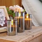 Homemory Grey Glass Flameless Candles, Real Wax, Remote Timer, 3 Pack