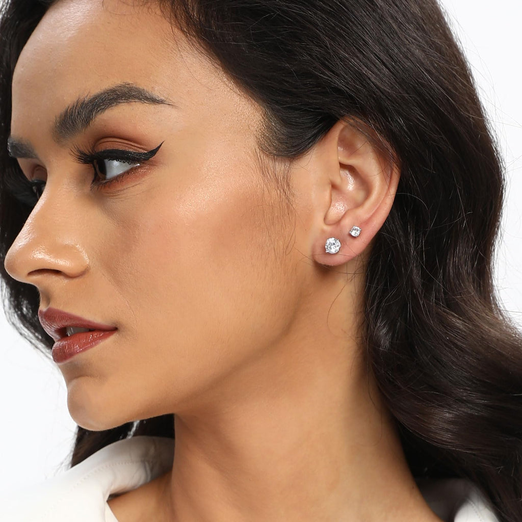 18K White Gold Plated Round Cubic Zirconia Stud Earrings Pack, 6 Pairs