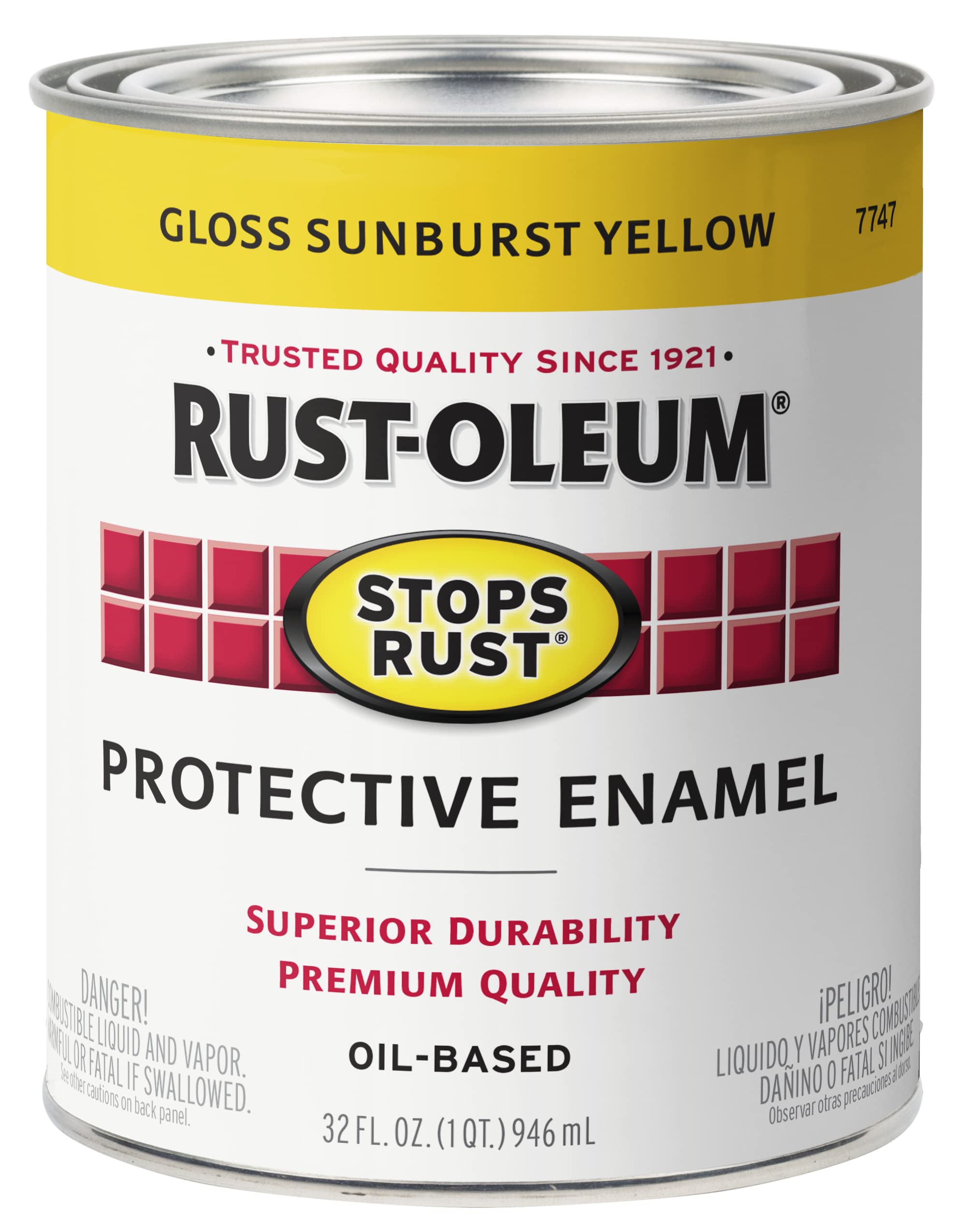 Rust-Oleum 7747502 Stops Rust Brush On Paint, Quart, Gloss Sunburst Yellow, (Pack of 1)