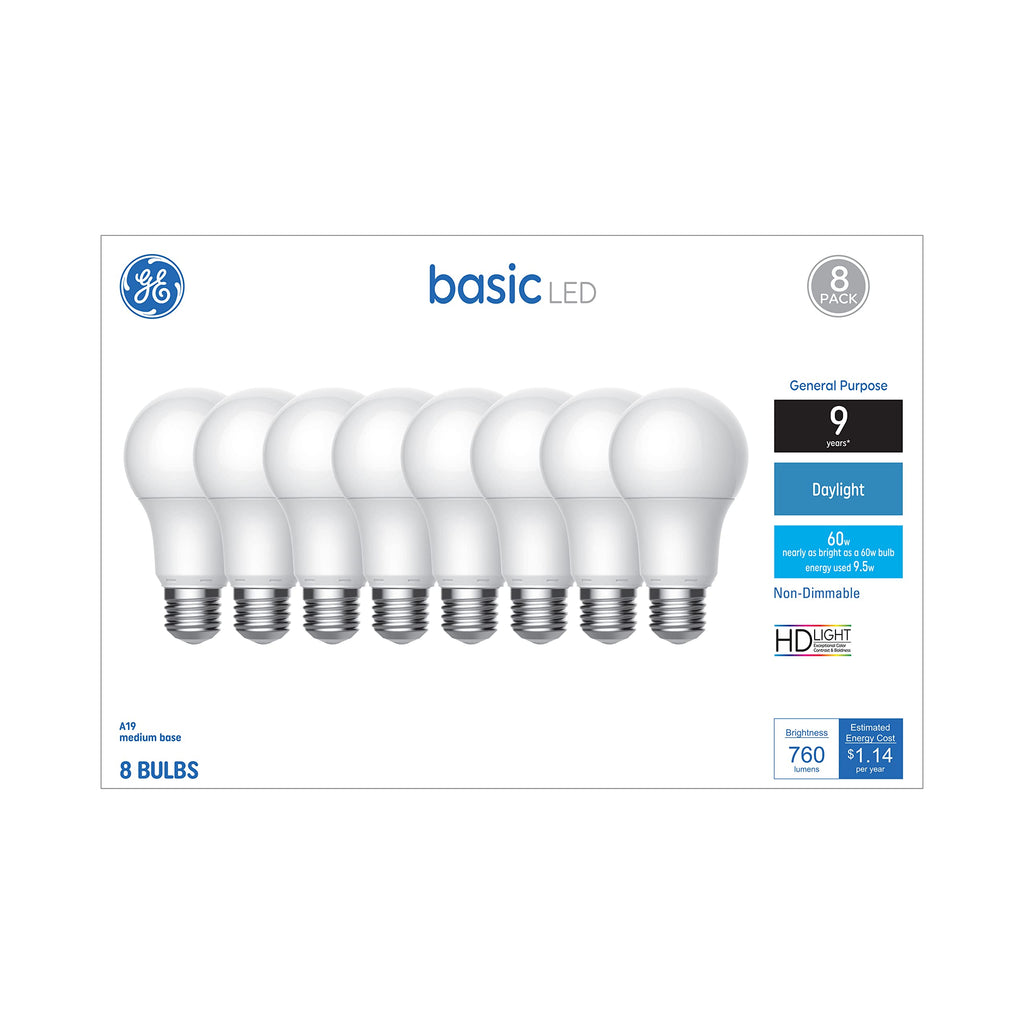 GE Basic A19 Light Bulbs, 60W Daylight for Home, 8 Pack