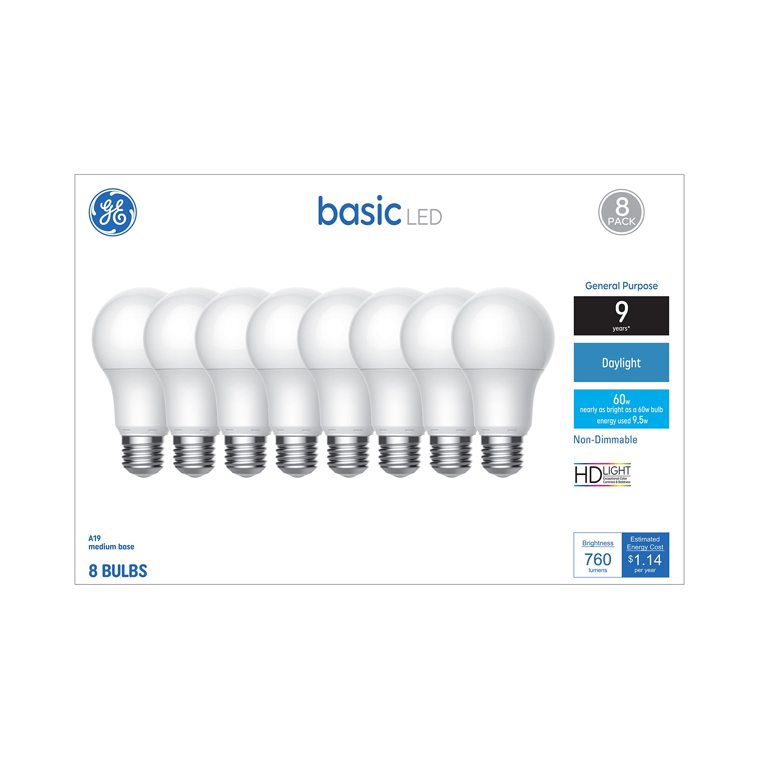 GE Basic A19 Light Bulbs, 60W Daylight for Home, 8 Pack