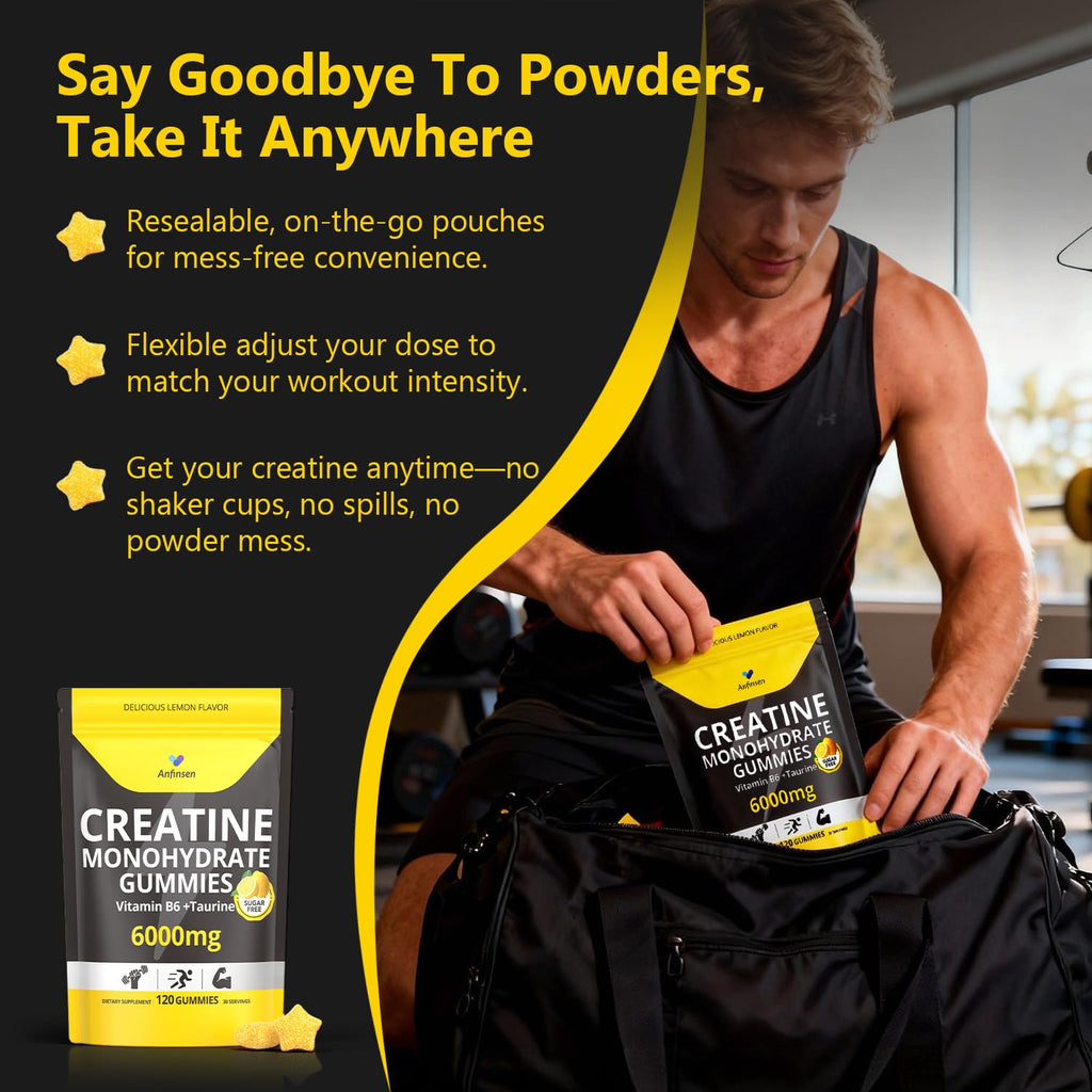 Anfinsen Sugar-Free Creatine Gummies 6000mg - Creatine Supplement for Women and Men with Vitamin B6 & Taurine, Flexible Dosing for Active Wellness, Vegan, Gluten-Free, Lemon Flavor, 120 Gummies