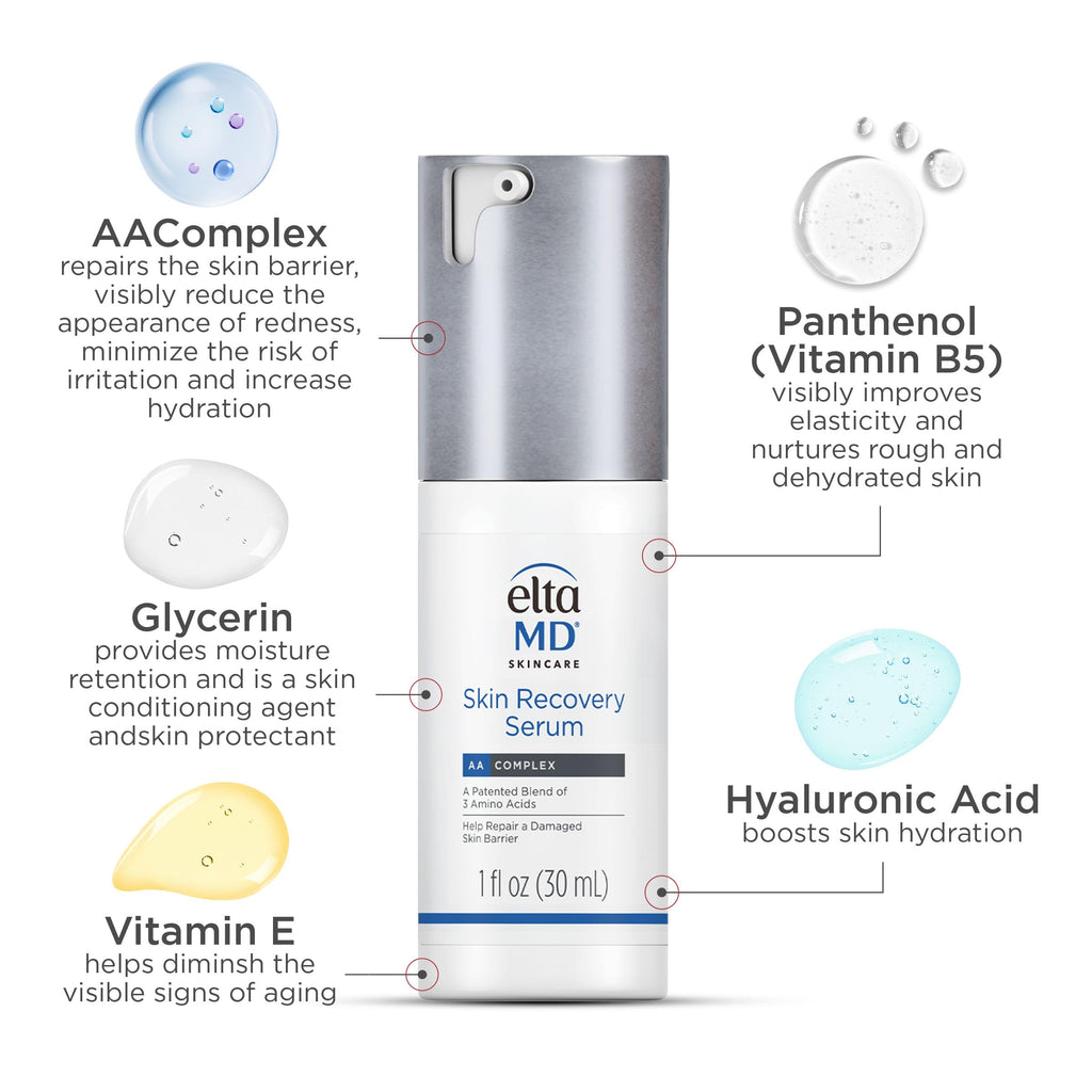 EltaMD Skin Recovery Face Serum Repairs Damaged Skin, Amino Acid and Antioxidative Formula, Hyaluronic Acid Face Serum with Vitamin B5, 1 Fl Oz, Untinted