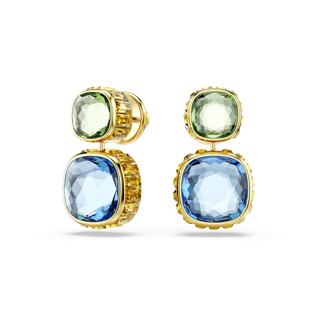 Swarovski Chroma drop earrings, Cushion cut, Multicolored, Gold-tone finish