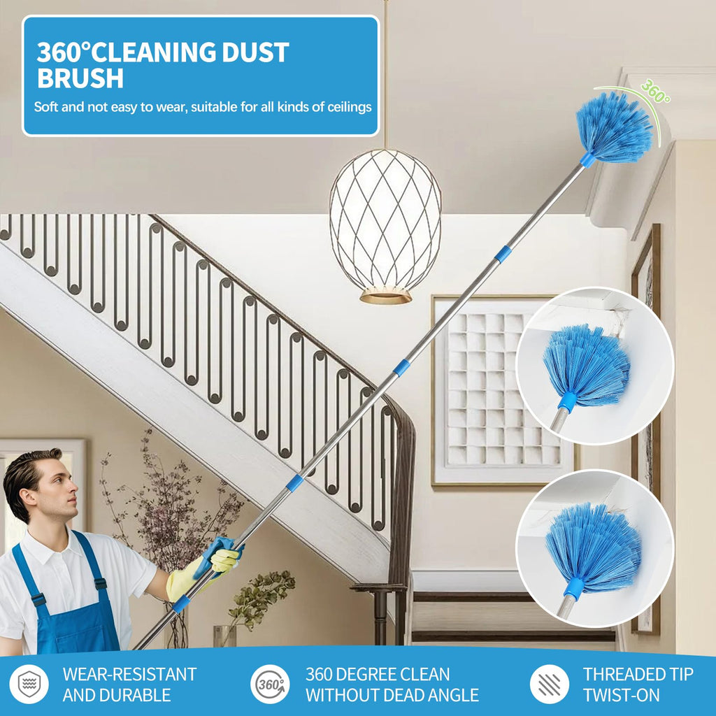 iHUFeather High Reach Duster Kit with14 ft Extension Pole High Ceiling Dusting and Window Cleaning Kit with Spliceable Pole - Cobweb Duster, Fan Blade, Window Washer & Squeegee and Feather Dusters