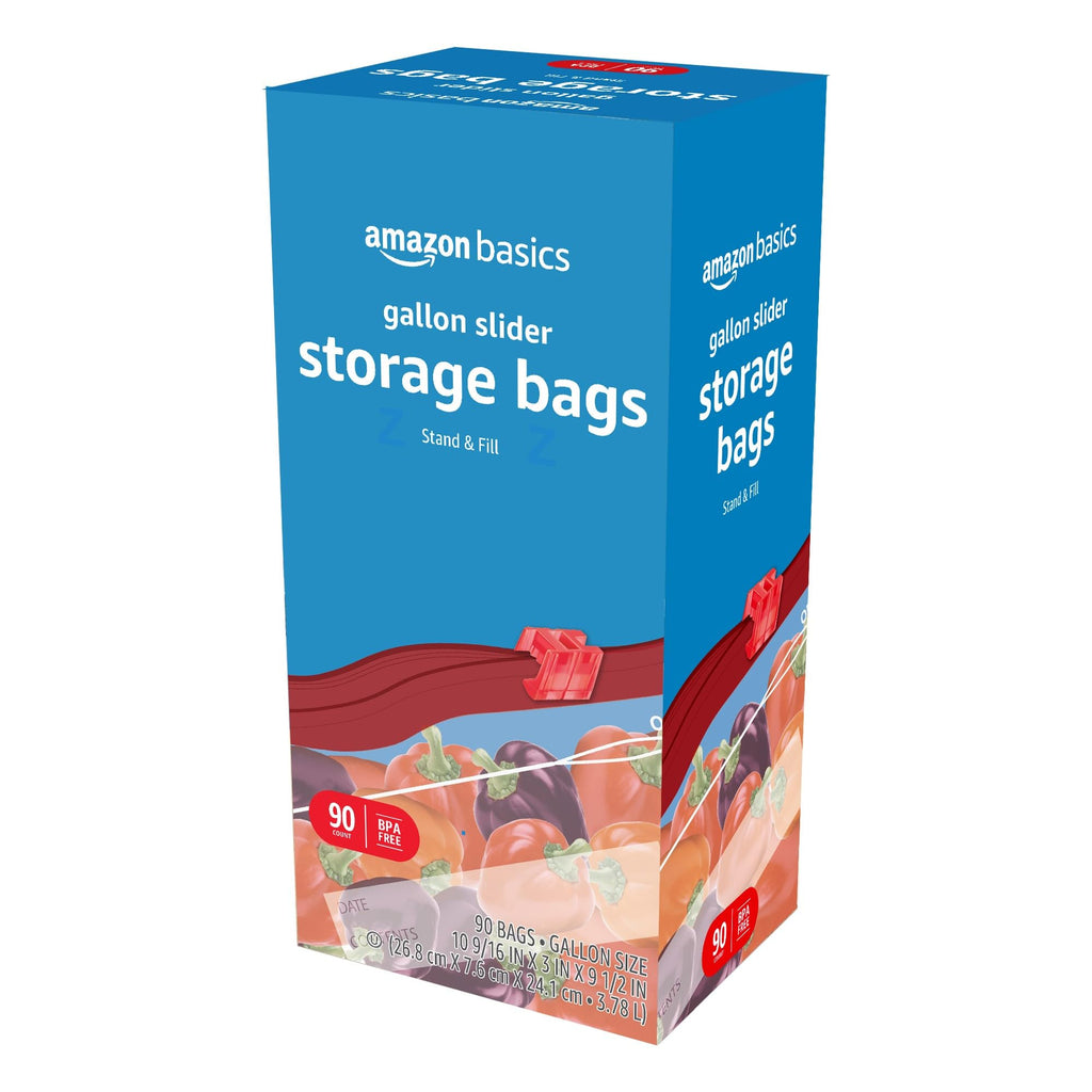 Amazon Basics Slider Gallon Food Storage Bags, BPA Free, Stand-Up Bottom, Easy to Fill, 90 Count