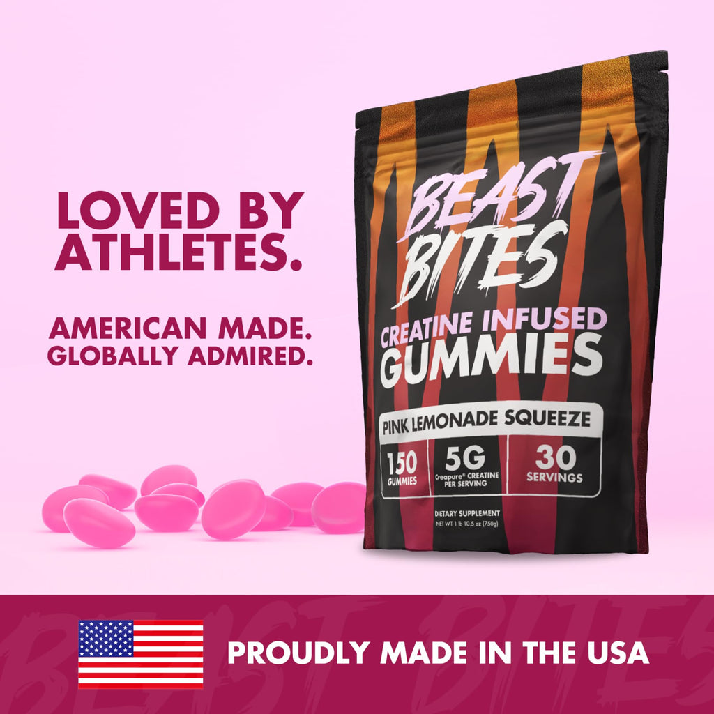 BEAST BITES - Creatine Infused Gummies - 5g Creapure Creatine Monohydrate Per Serving - NSF Certified for Sport - 30 Servings (Pink Lemonade)