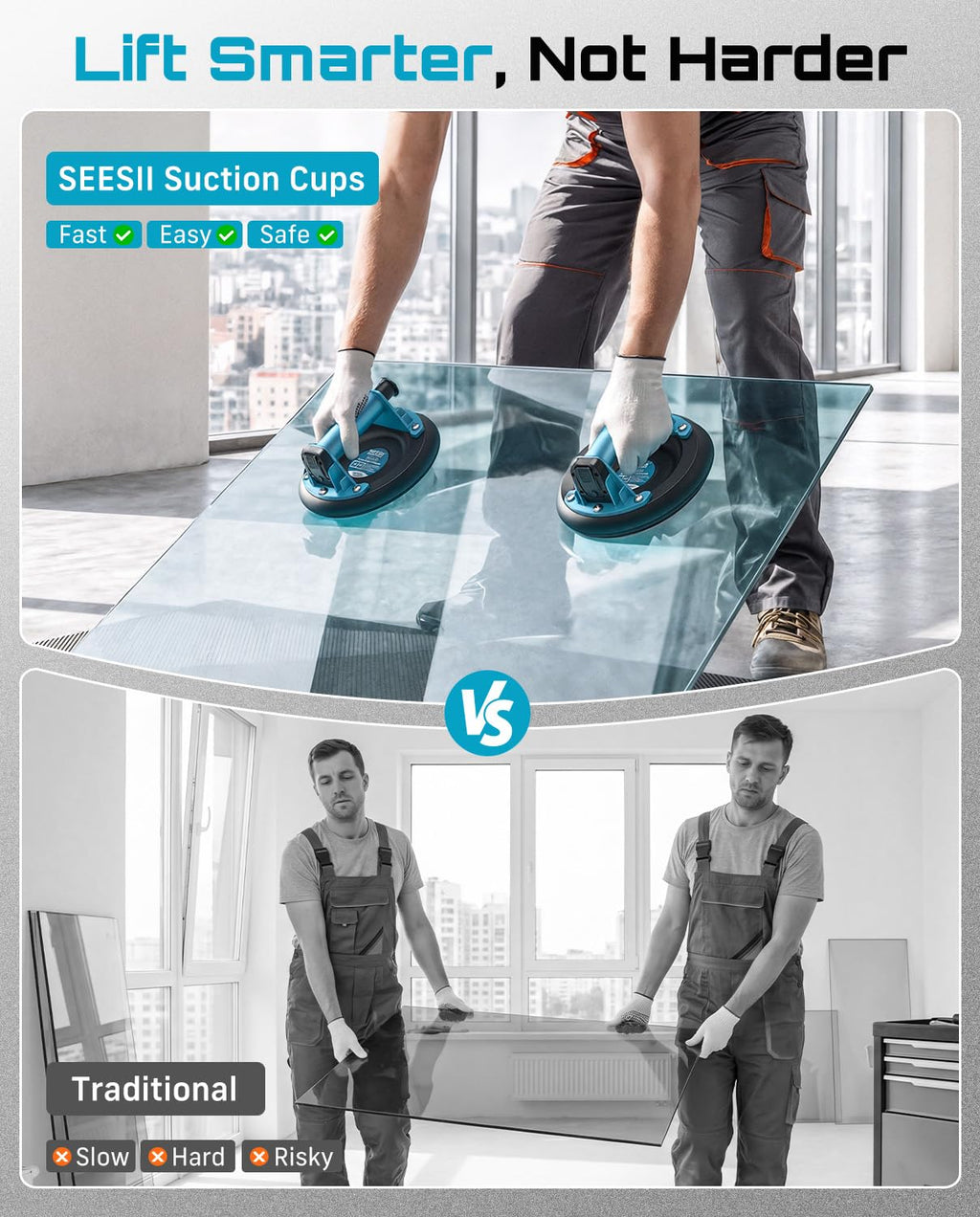 SEESII Suction Cups for Glass Lifting: 8" Tile Suction Cup Lifter with Handle and Pump, 200KG Load Capacity Heavy Duty Vacuum Lifter for Lifting Large Tile, Granite, Metal, Windows (2-Pack)