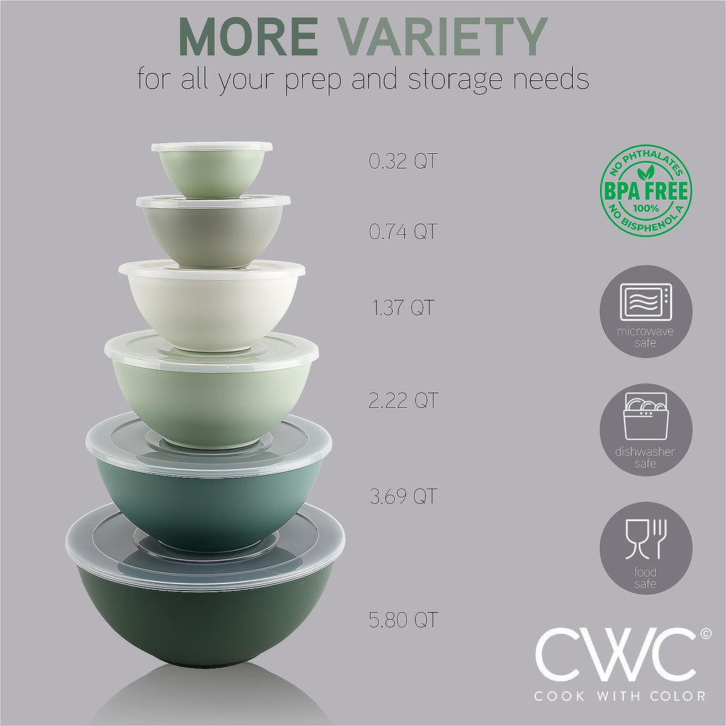 COOK WITH COLOR Mixing Bowls with Lids - 12 Piece Plastic Nesting Bowls Set includes 6 Prep Bowls and 6 Lids, Microwave Safe Mixing Bowl Set (Sage)