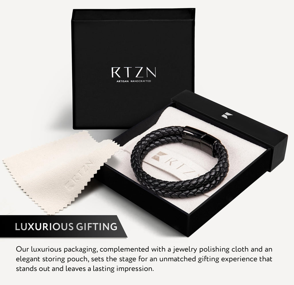RTZN® Black Leather Bracelet for Men – Premium Artisan Handcrafted Double Strand Black Braided Leather Bracelet – Authentic Stacked Mens Leather Bracelets (Medium)
