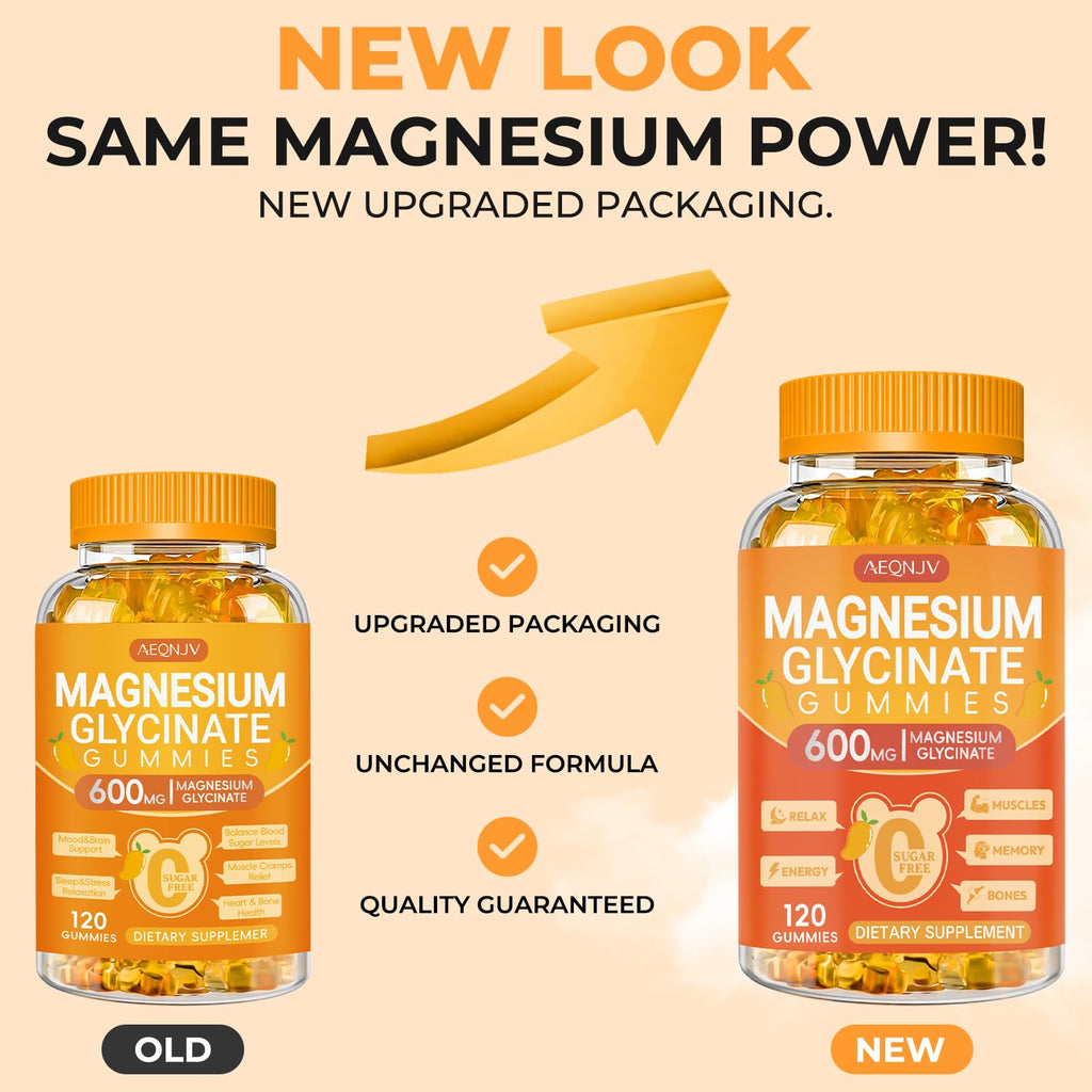 Magnesium Glycinate Gummies 600mg, Chewable Sugar Free Potassium Magnesium Gummies with Magnesium Glycinate, Vitamin D, B6 and CoQ10 for Sleep, Relaxation, Brain & Muscle, 120 Count