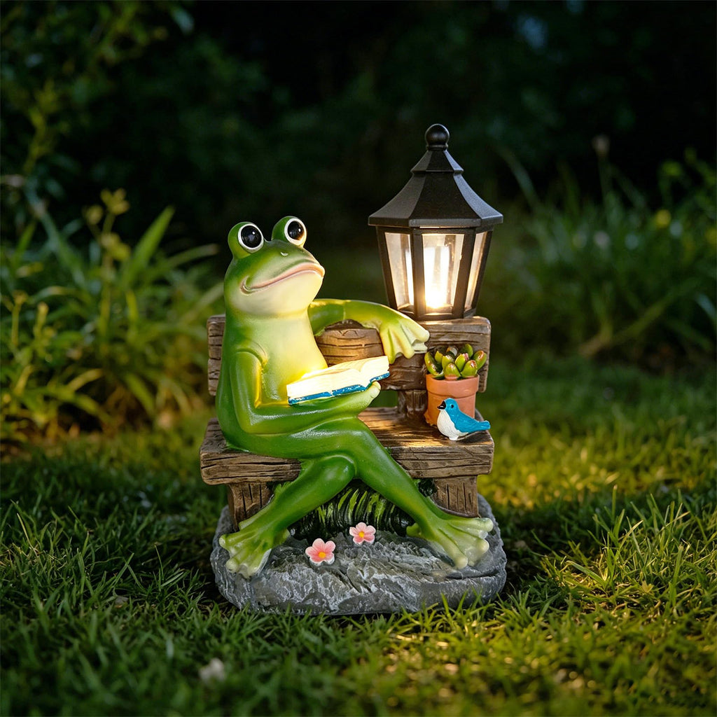 SAMPU Craft Reading Frog Solar Garden Statue with Lantern Light