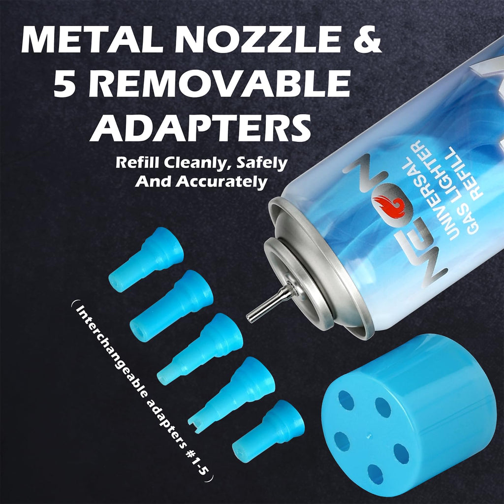 NEON Butane Refill, 11X Ultra-Refined Butane Fuel, 300ml Premium Lighter Fluid with Metal Nozzle & 5 Butane Gas Refill Adapters for Refillable Jet Flame Lighters, Torches, and Culinary Use, 4 Cans
