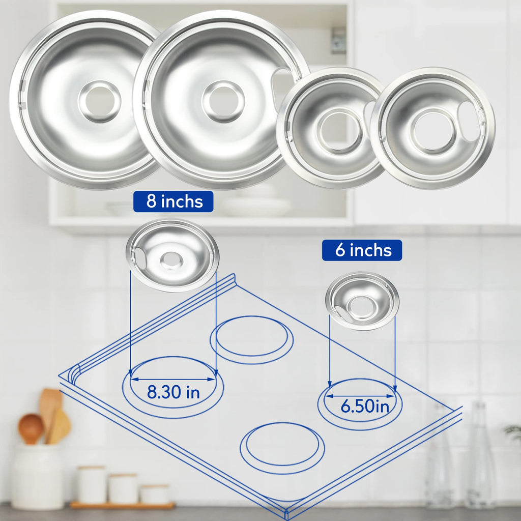 Mejiao 4 Pack (2) 6" & (2) 8" Electric Stove Burner Covers, Replacement Chrome Drip Pans for Whirlpool W10278125 W10196405 W10196406