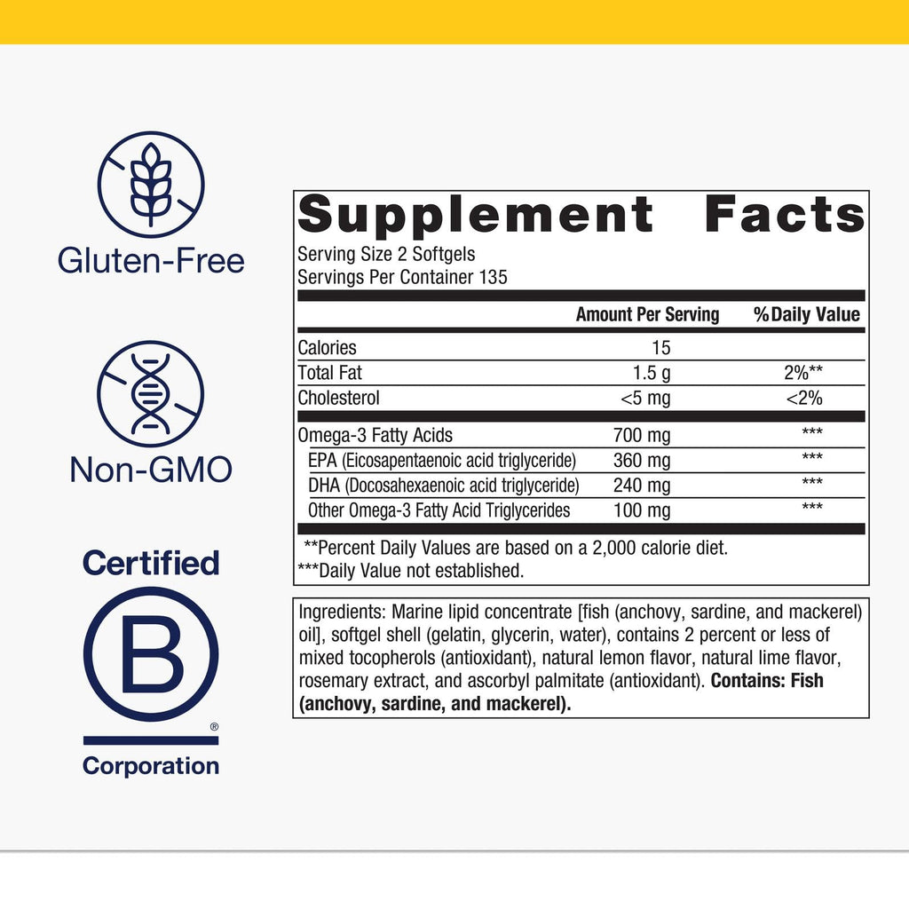 Metagenics OmegaGenics Fish Oil EPA-DHA 300-180 mg EPA & 120 mg DHA per Softgel - Supports Heart, Brain, Eye, Joint & Immune Health* - Non-GMO, Gluten-Free - GMP Certified Facility - 270 Softgels